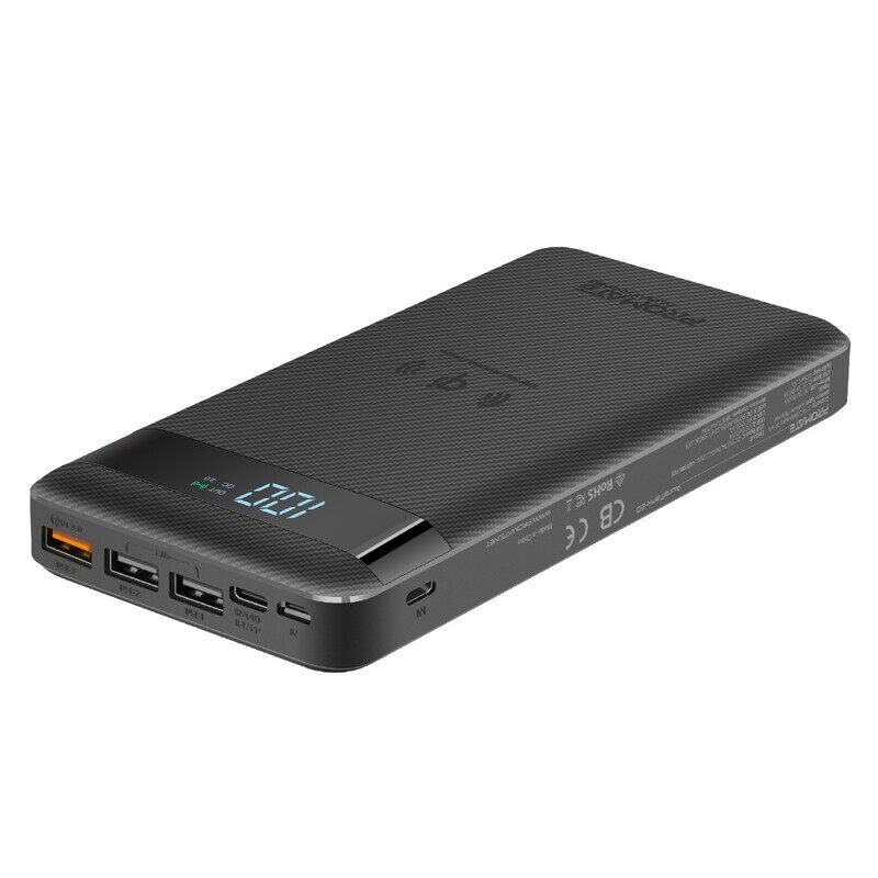 

Promate 20000mAh AuraTank-20 USB-C Qi Powerbank, 10W Fast Wireless Charger, 18W 2-Way Type-C Power Delivery, QC 3.0 Three USB Port, LED Display&Lightn