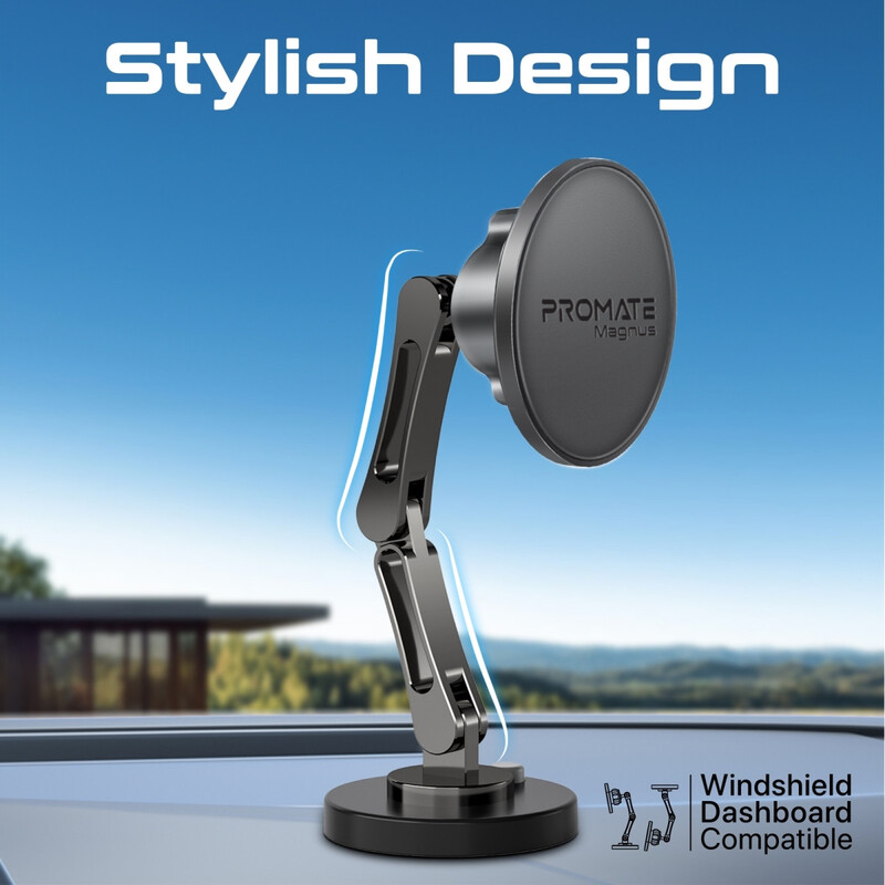 Promate Magnetic Wireless Car Mount,Universal Magnetic Stick-On Dashboard/Winshield Mount Holder with N52 Magnets,Triaxial Height Adjustment, 360 Degree Rotation and Cradleless Design for iPhone 15/14