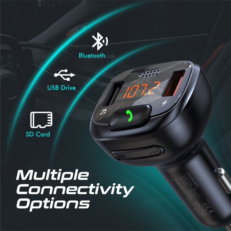 Promate Bluetooth FM Transmitter with QC 3.0 Flash Drive Input LCD Screen and Microphone Car Charger, Black