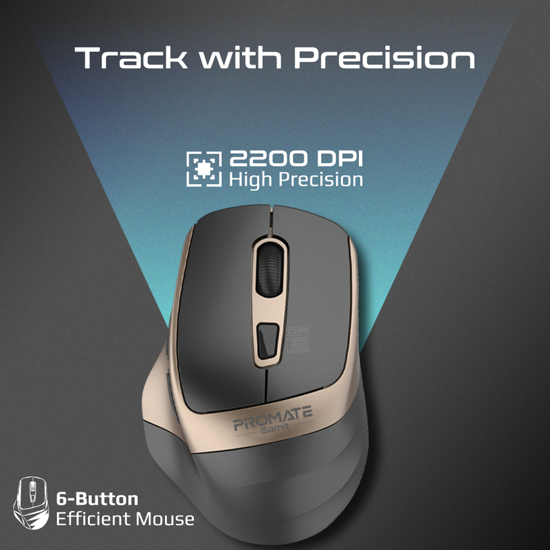 Promate Wireless Mouse, Ergonomic Silent Click Optical 2.4GHz Cordless Mice with Adjustable 2200DPI, 6 Programmable Buttons, USB Nano Receiver and 10m Working Distance for MacBook Air, Dell XPS 13