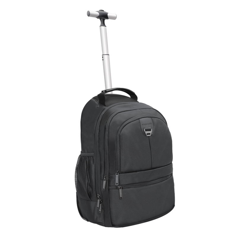 Promate Trolley Bag, 2-in-1 Lightweight 15.6-inch Laptop Trolley Backpack with Telescoping Handle, Adjustable Straps, Water Resistance and In-Line Wheels for MacBook Air, iPad, Dell XPS 13