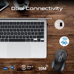 Promate Wireless Mouse, Ergonomic Ambidextrous Wireless Mice with Dual Mode Connectivity, Bluetooth v5.3, 2.4Ghz Transmission, Adjustable 1600DPI, 150H Working Time for MacBook Air, Dell XPS 13, Asus