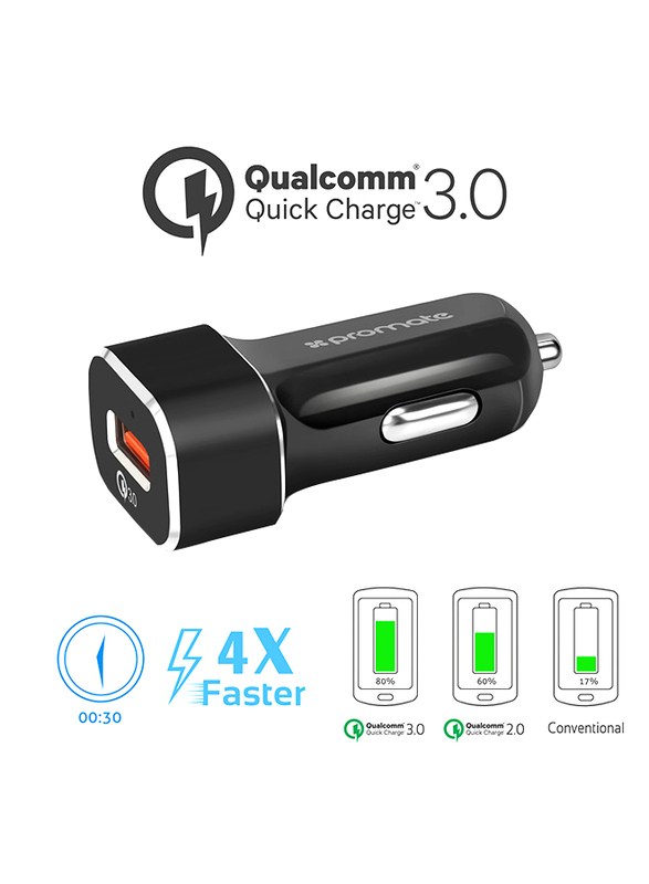 Promate Unigear-QC3.UK 3 Type-C Charging Kit, Qualcomm Certified 3-In-1 Quick Charger 3.0 Travel and Car Charger Kit with 1.2m USB Type-C Sync Charge Cable, for Mobile Phones and Tablets, Black
