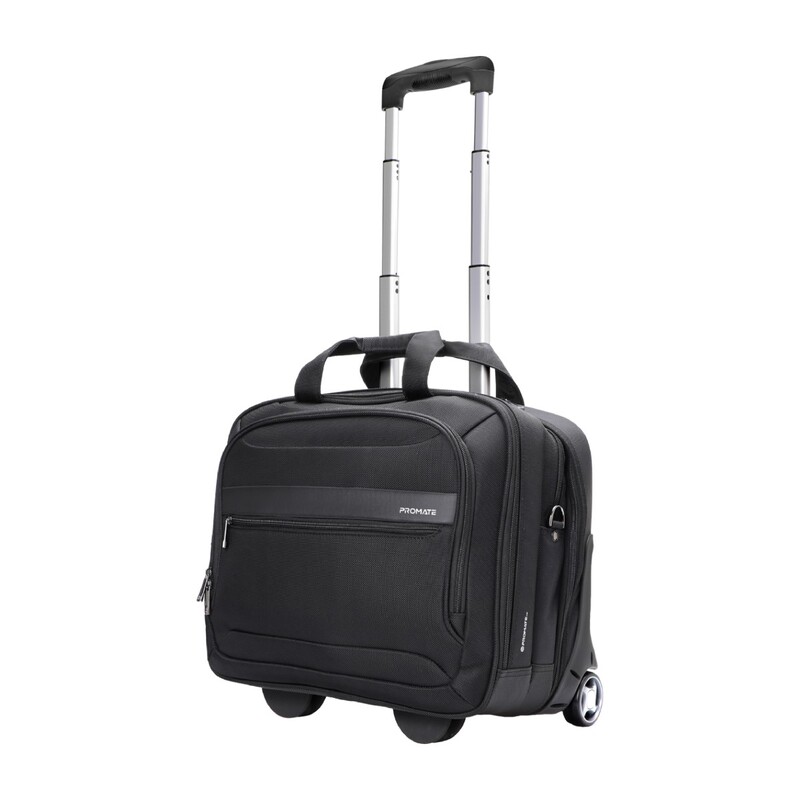 Promate Trolley Bag, Versatile 2-in-1 Lightweight Trolley Laptop Bag with Shoulder Strap, Telescoping Handle, Water Resistance and In-Line Wheels for 16” Laptops, MacBooks, iPad, Dell XPS 13