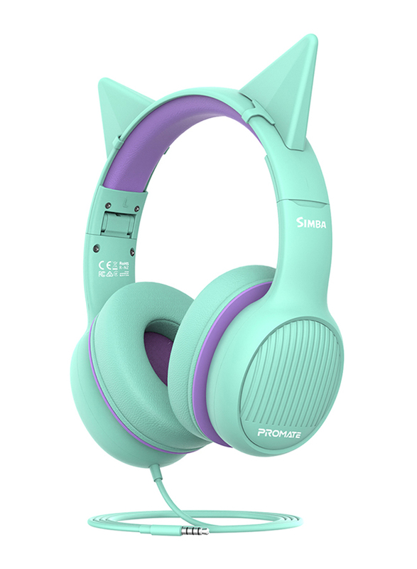 Promate Wired On-Ear Kids Headset with Removable Cat Ears, Simba Emerald Green
