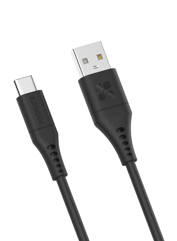 Promate 1.2-Meter Anti-Tangle Durable Silicone Charging Cable, 480 Mbps Data Sync USB Type A to USB Type-C with 3A Fast Charging for Samsung Galaxy S22, iPad Air, PowerLink-AC120, Black