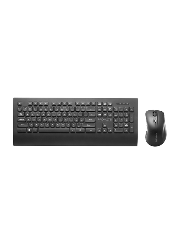 Promate Ergonomic Wireless English Keyboard and Mouse Combo with USB Receiver, ProComvo-7, Black