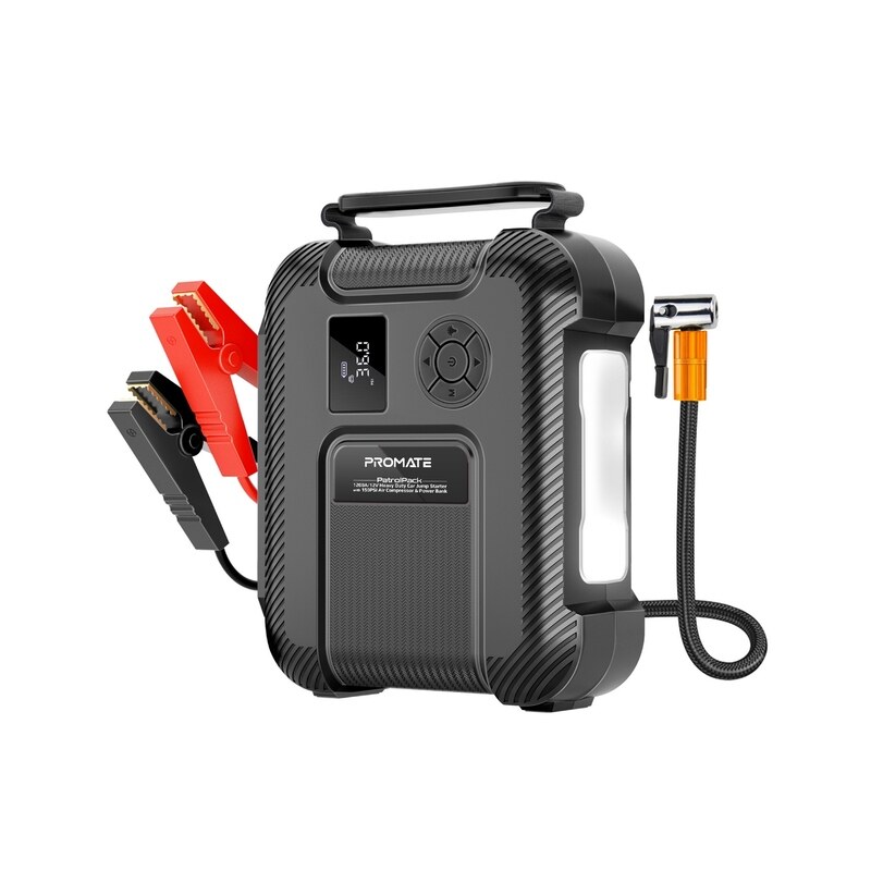 

Promate Car Jump Starter with 150PSI Air Compressor, 16000mAh Dual USB Power Bank, 1200A/12V Peak Current, Built-In TPMS, LED Flashlight and Smart Cla
