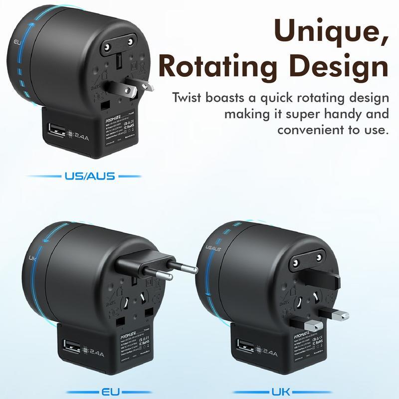 Promate Twist Travel Adapter Wall Charger with 2.4A 12W Dual USB Charging Port for UK/EU/AU/US/Smartphones/Laptops/Tablets, Black