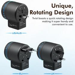 Promate Twist Travel Adapter Wall Charger with 2.4A 12W Dual USB Charging Port for UK/EU/AU/US/Smartphones/Laptops/Tablets, Black