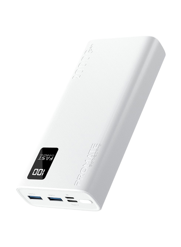 Promate Universal Ultra-Slim Portable Charger 20000mAh Power Bank with 10W USB-C Input/Output Port, White