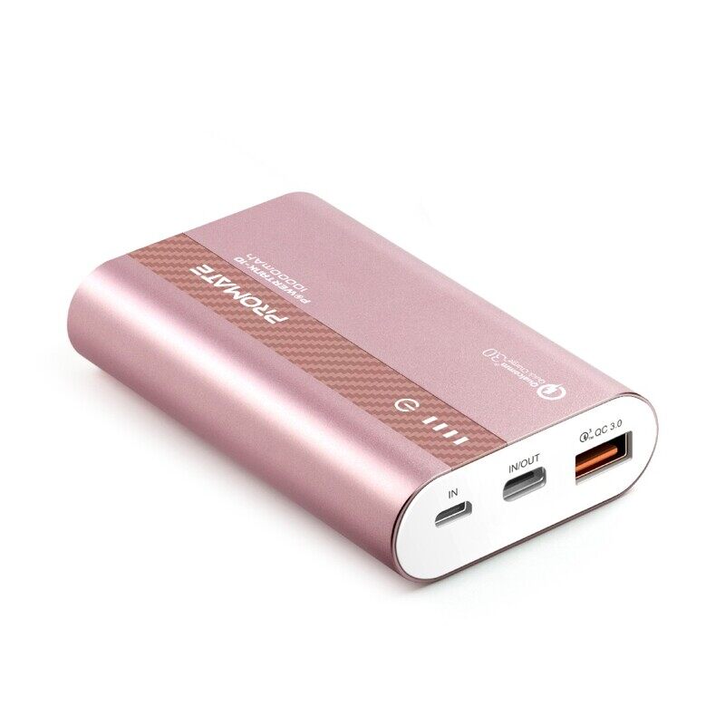 

Promate 10000mAh PowerTank-10 USB-C Power Bank, Compact Palm Size 18W USB Type-C Input /Output Power Delivery External Battery Charger with QC 3.0 Por