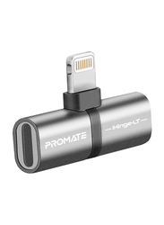 Promate iHinge-LT Lightning Jack Adapter, Ultra-Slim 2-In-1 Lightning Male to Lightning, with High-Quality Audio Output, 2A Charge/Sync Adapter for Lightning Connector Enabled Devices, Grey