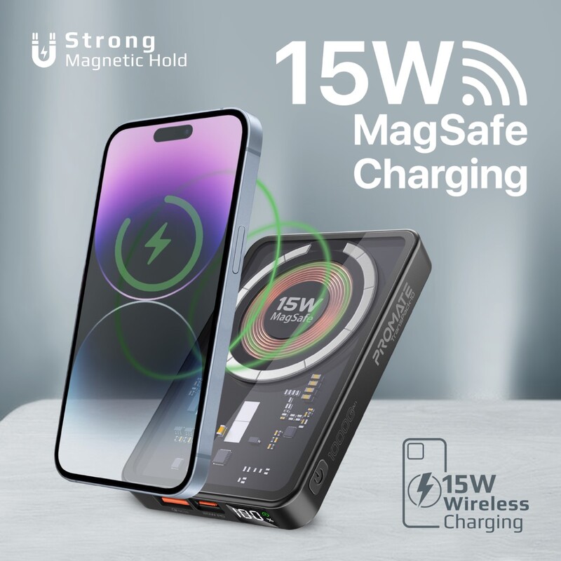 Promate Magnetic Wireless Power Bank, 10000mAh 15W Mag-Safe Transparent Battery Pack with 20W USB-C Power Delivery Port, 22.5W QC 3.0 Port and LCD Screen for iPhone 14, iPad Air, Galaxy S22