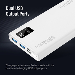 Promate Universal Ultra-Slim Portable Charger 10000mAh Power Bank with 10W USB-C Input/Output Port, White