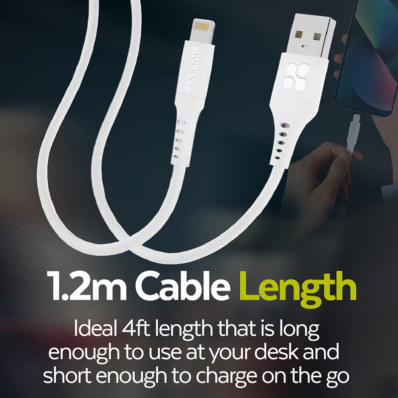 Promate 1.2-Meter 480 Mbps Data Sync Cord, USB Type A to Lightning Cable with 2.4V Output, PowerLink-Ai120, White