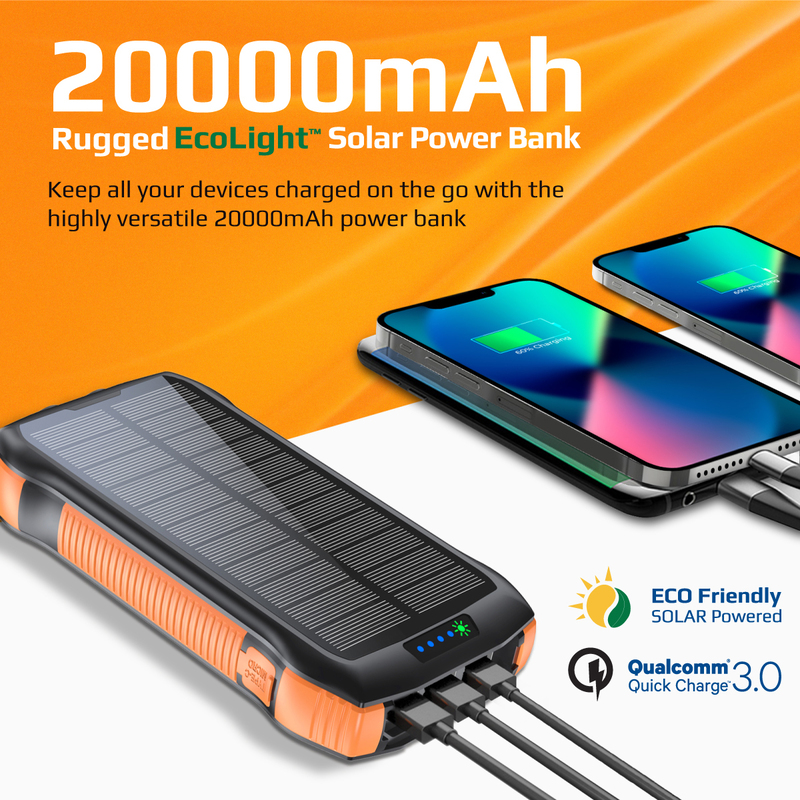 Promate 20000mAh Solar Powered Portable Power Bank, with Wireless Charging, USB-C Power Delivery Port, QC 3.0 Port, 5V/3A USB Ports, IP66 Protection and LED Light, SolarTank-20PDQi, Black/Orange