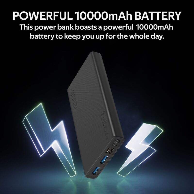 Promate 10000mAh Bolt-10 Portable Fast Charging 2.0A Dual USB Premium Battery Power Bank, with Input USB Type-C Port, Over Charging Protection, Black