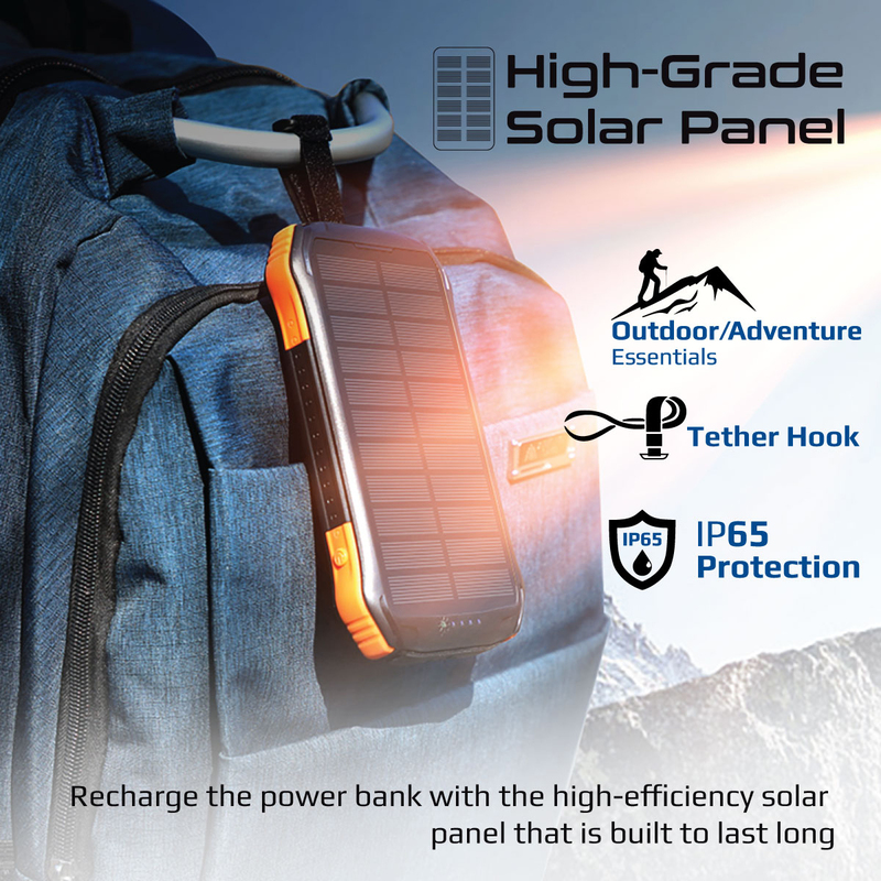 Promate 10000mAh Battery Solar Power Bank with IP65 Protection, Qi Charger, USB-C PD and QC 3.0 Port, SolarTank-10PDQi, Black