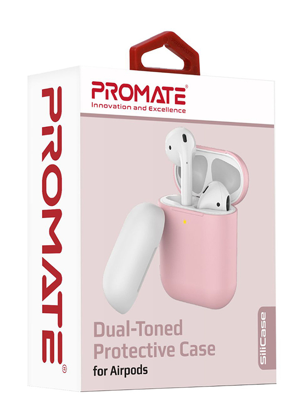 Promate SiliCase Silicone Case for Apple AirPods/AirPods 2, Slim-Fit Two-Tone Shockproof Protective Wireless Charging Cover with Dual-Lid, Scratch Resistance and Anti-Slip, Pink
