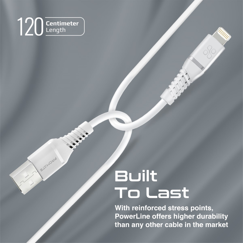 Promate 1.2-Meter 480 Mbps Data Sync Cord, USB Type A to Lightning Cable with 2.4V Output, PowerLine-Ai120, White