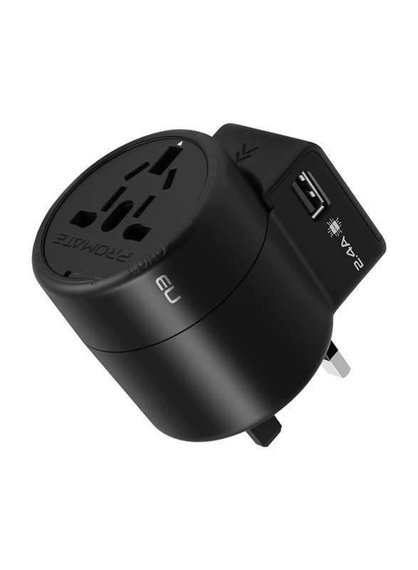 Promate Twist Travel Adapter Wall Charger with 2.4A 12W Dual USB Charging Port for UK/EU/AU/US/Smartphones/Laptops/Tablets, Black