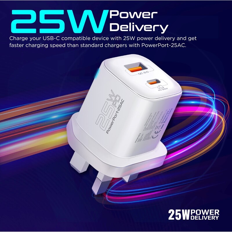 Promate Wall Charger, Compact 25W USB-C Power Delivery AC Charger with 18W QC 3.0 Charging Port, Adaptive Smart Charging and Short-Circuit Protection for iPhone 14, Galaxy S23, iPad Air