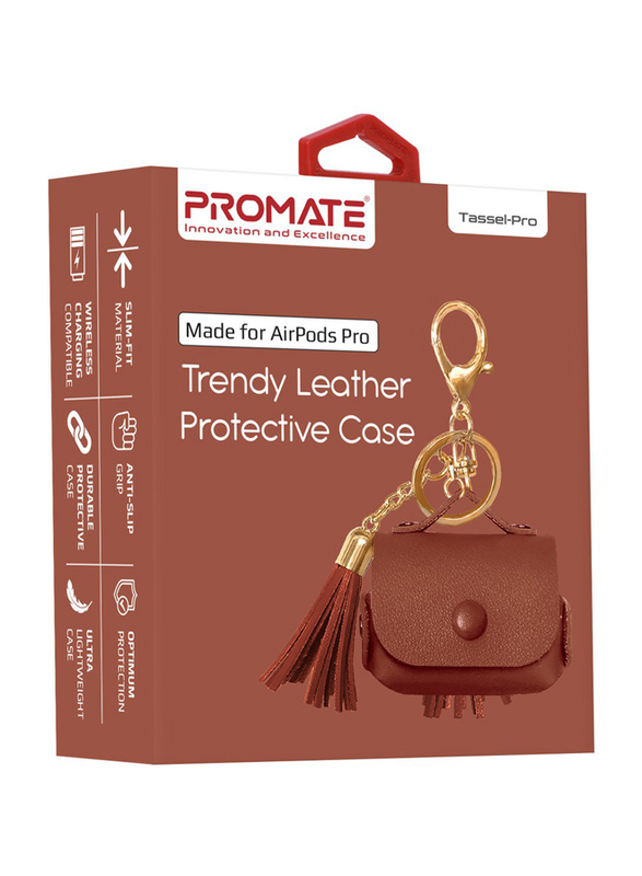 Promate Tassel-Pro Trendy Leather Protective Case for AirPods Pro, Brown