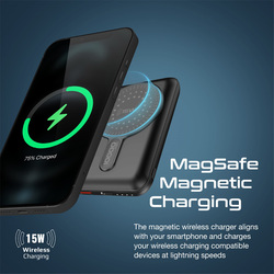 Promate 10000mAh Magnetic Wireless Power Bank with 15W Magnetic Wireless Charger 20W USB-C Power Delivery Port, 18W QC 3.0 Port and Foldable Stand for iPhone 13, iPad Air PowerMag-10Pr, Black