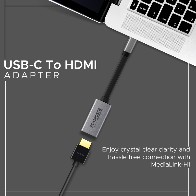 Promate MediaLink-H1 HDMI Adapter for Apple MacBook Pro/Chromebook/Samsung Galaxy S10+/Note 8/9/Surface Book 2, Ultra-Compact Type-C to HDMI Adapter Converter 4k 30hz with Hi Definition Video, Grey