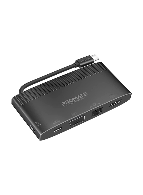 Promate 6-Port USB Hub for MacBook Pro, iPad Air, Galaxy S22, MediaHub-C6, Black