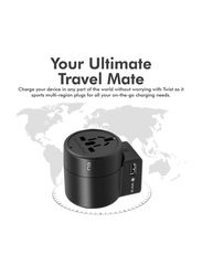 Promate Twist Travel Adapter Wall Charger with 2.4A 12W Dual USB Charging Port for UK/EU/AU/US/Smartphones/Laptops/Tablets, Black