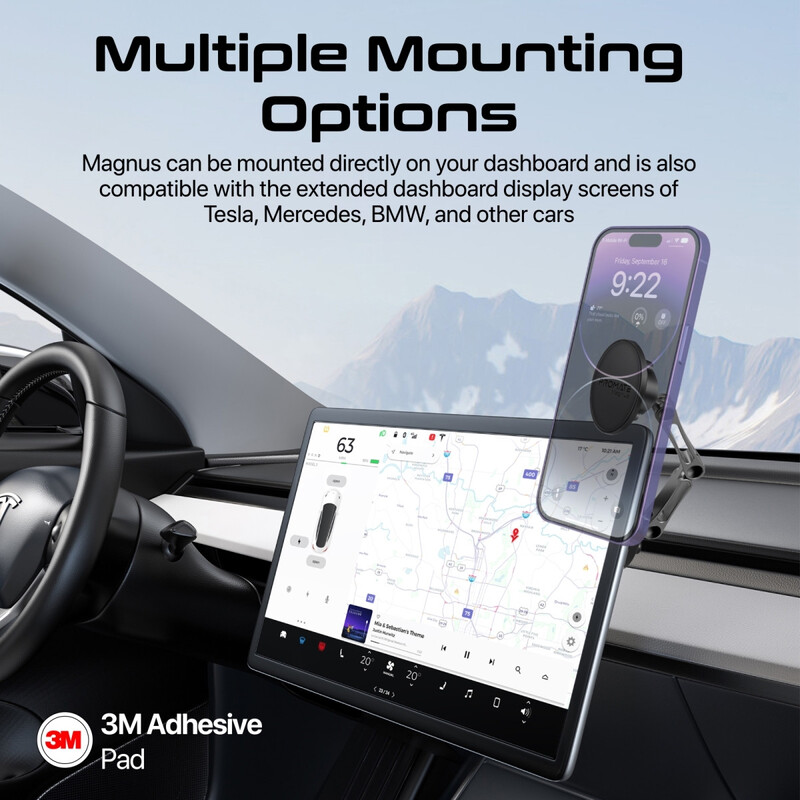 Promate Magnetic Wireless Car Mount,Universal Magnetic Stick-On Dashboard/Winshield Mount Holder with N52 Magnets,Triaxial Height Adjustment, 360 Degree Rotation and Cradleless Design for iPhone 15/14