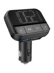Promate Car FM Transmitter, Wireless In-Car Radio Adapter Kit with Dual USB Ports, AUX Port, TF Card Slot, LED Display, Multiple EQ Modes and Remote Control for Smartphones/Tablets, EZFM-2, Black