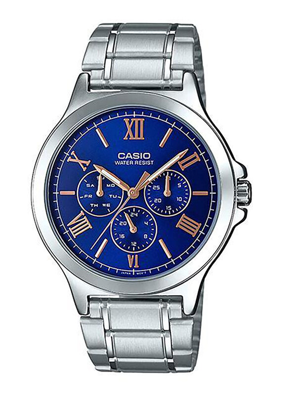 

Casio Analog Watch for Men with Stainless Steel Band, Water Resistant and Chronograph, MTP-V300D-2A, Silver-Blue