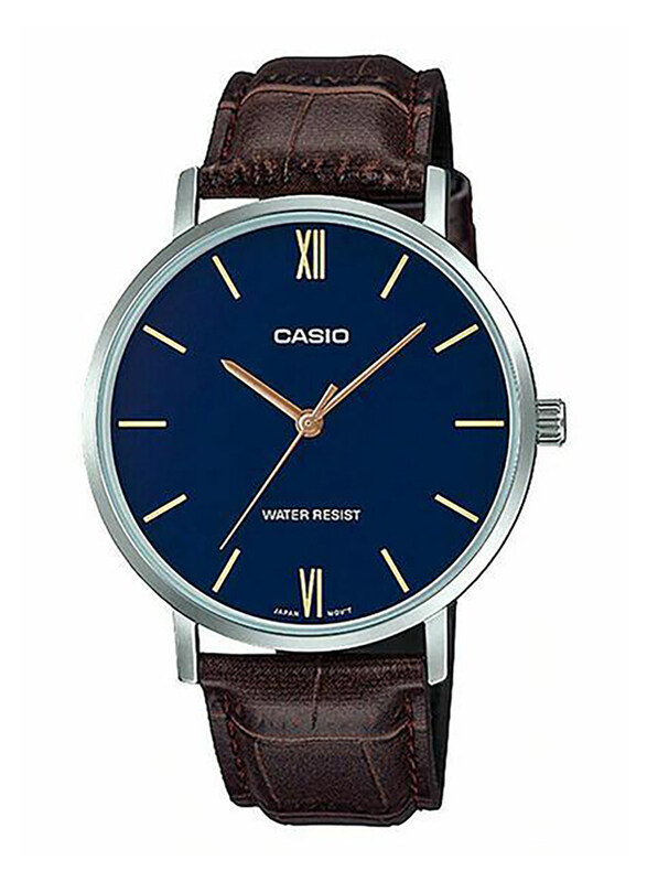 

Casio Analog Watch for Men with Leather Band, Water Resistant, MTP-VT01L-2B, Brown-Navy Blue