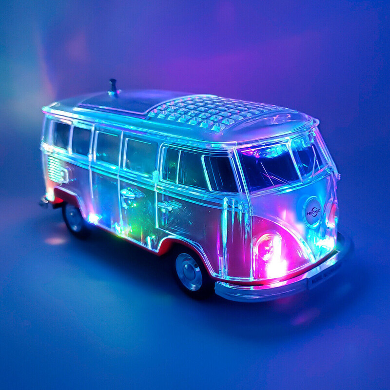 Steepletone Old Retro Camper Van Style Bluetooth Speaker, Compact FM Radio, Portable Audio, Rechargeable, Music Streaming MP3 (USB,SD), Color changing LED Lights, Vintage Novelty Gift Decor (Black)