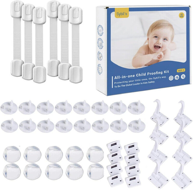 

Sybil's Childproofing Safety Kit, 6 x Adjustable Latches, 10 x Corner Guards, 16 x Socket Covers, 8 x Switch Locks, Home Safeguarding and Baby Proofin