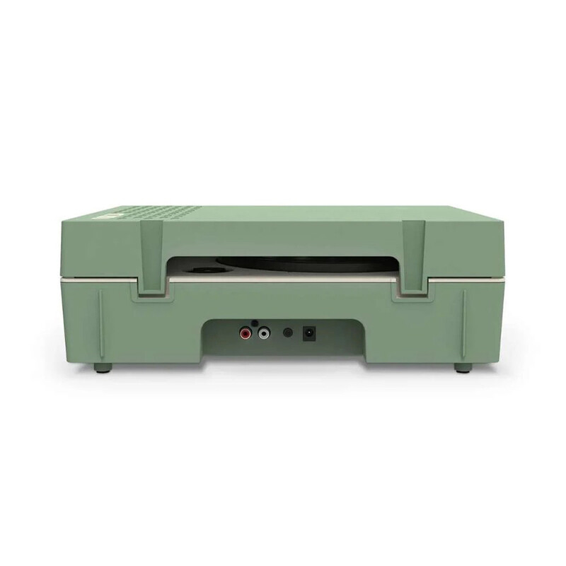 Victrola Re-Spin Sustainable Suitcase Record Player Basil Green Color with Built in Bluetooth Speakers 3 Speed Belt Driven Turntable Built-in Bass Radiator 3.5mm Headphone Jack