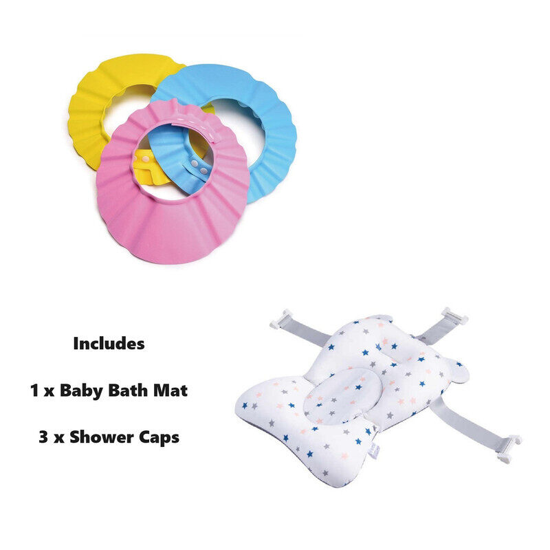 

Sybil's Bath Safety Kit for Newborns - 4pc with Waterproof EVA Bath Cap & Comfort Support Mat, 0M+