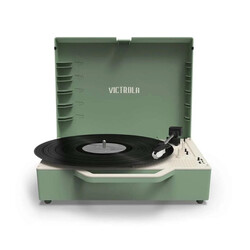 Victrola Re-Spin Sustainable Suitcase Record Player Basil Green Color with Built in Bluetooth Speakers 3 Speed Belt Driven Turntable Built-in Bass Radiator 3.5mm Headphone Jack