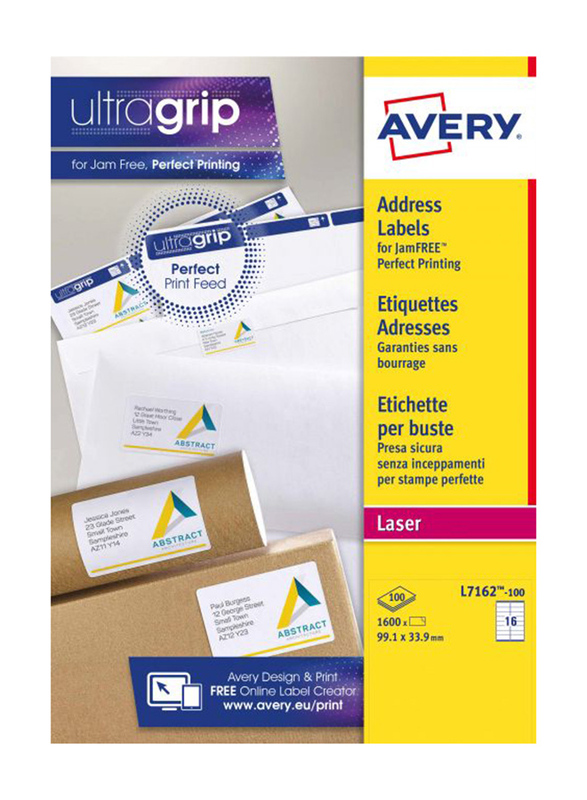 Avery L7162-100 Self Adhesive Address Mailing Labels with Ultragrip Technology, 16 x 100 Pieces, Clear