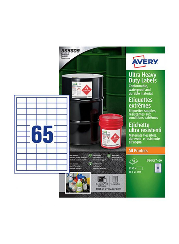 Avery B7651-50 Heavy Duty Industrial Waterproof Extra Strong Adhesive GHS Labels, 38 x 21mm, 65 Labels Per Sheet, 50 Sheets, White