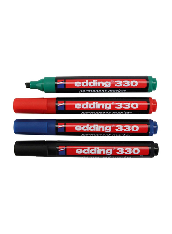 Edding E-330/4 S Permanent Markers with Chisel Nib, 4 Pieces, Black/Blue/Red/Green