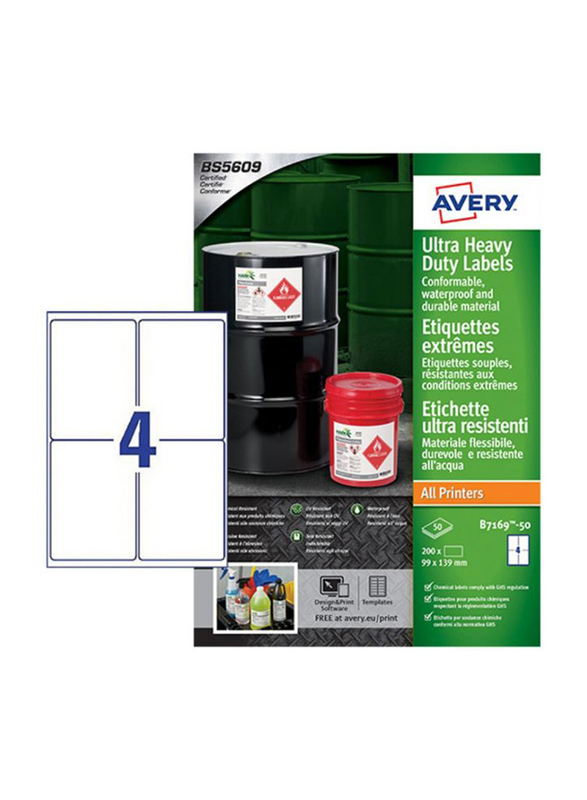 Avery B7169-50 Heavy Duty Industrial Waterproof Extra Strong Adhesive GHS Labels, 99 x 139mm, 4 Labels Per Sheet, 50 Sheets, White