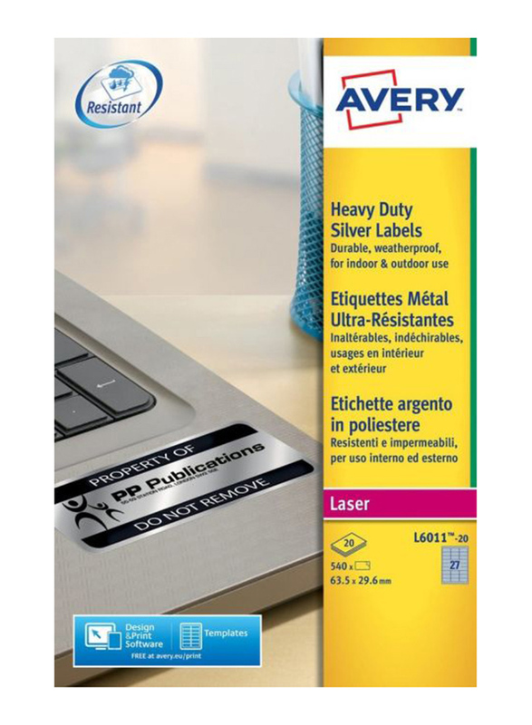 Avery L6011-20 Heavyduty Labels for B/w Laser Printer, 27 x 20 Pieces, Silver