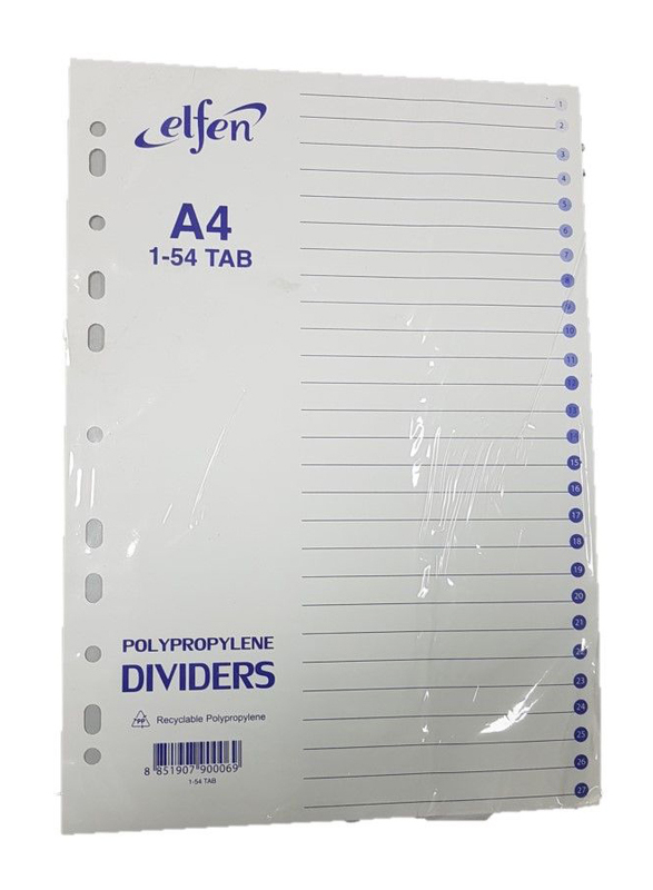 Elfen 1054 PVC File Divider with Index & 1-54 Numbers, A4 Size, White/Grey