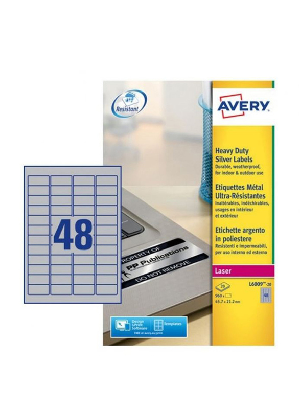 Avery L6009-20 Heavyduty Labels for B/w Laser Printer, 48 x 20 Pieces, Silver