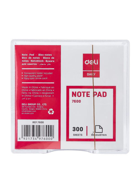 Deli E7600 Note Pad with Holder, 300 Sheets, 91 x 87mm, White/Clear