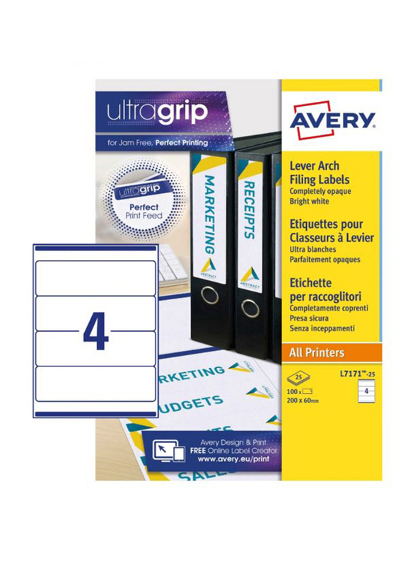 Avery L7171-25 Filing Labels with Ultragrip Technology, 4 x 25 Pieces, Clear